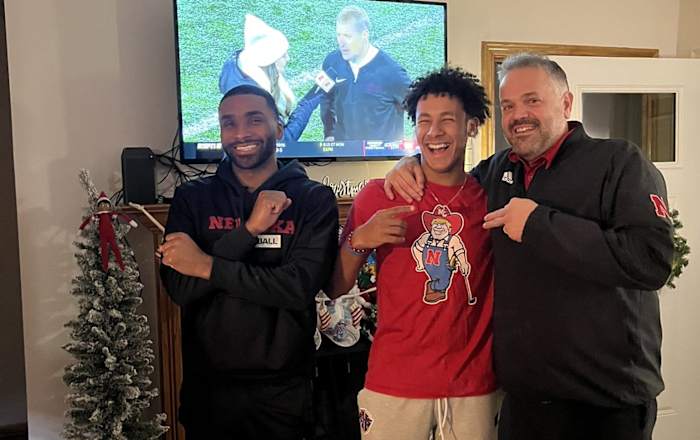 Caleb Benning shares a smile with Matt Rhule during a recent visit by the Huskers head coach. Benning is the SBLive Nebraska Player of the Year. Photo courtesy of @CalebBenning1 on X.
